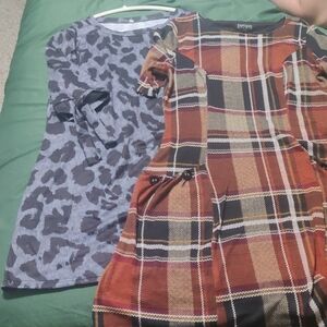 Enfocus Studio Plaid Mini Dress in Rust & Gray Leopard Print Top